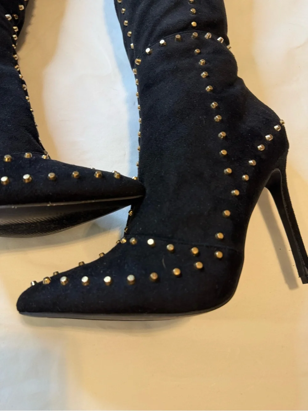 Black Over-the-Knee Stiletto Boots with Gold Studs
